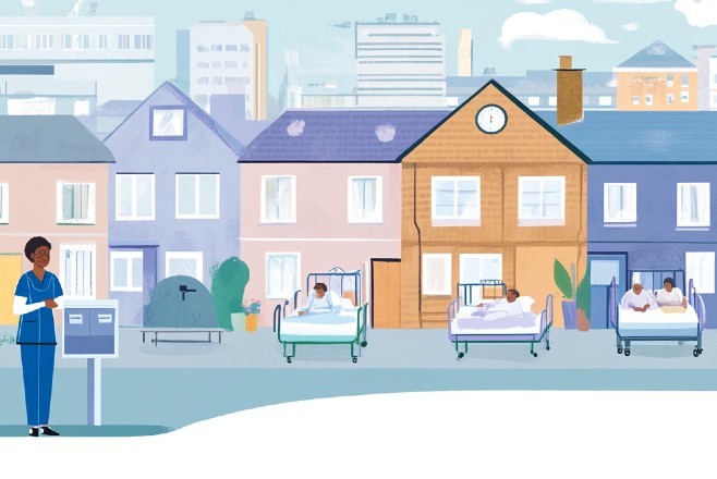 Illustration of a row of houses with hospital beds in front on the street